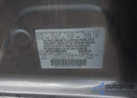 2019 Nissan Versa 1.6 Sv z USA, uszkodzony, nr VIN 3N1CN7AP8KL874950